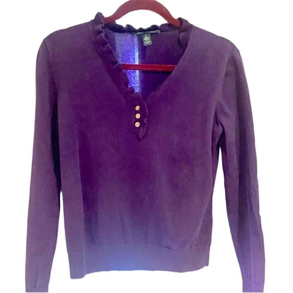 Lauren Ralph Lauren, purple ruffle V-neck collar Henley sweater size S - Picture 4 of 6